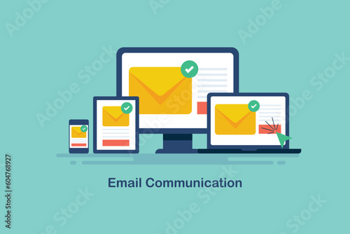 Electronic mail message letter on multiple digital screen, marketing and communication technology, newsletter application business concept, vector illustration banner.