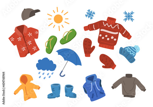 Seasonal kids clothes, cartoon flat vector illustration isolated on white background.