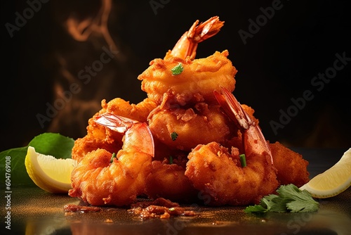 Closeup of shrimp fritters freshly cooked using generative AI