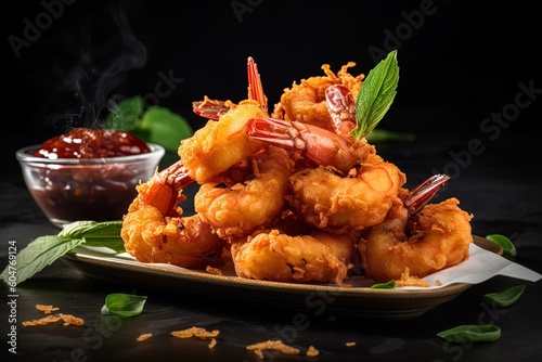 Closeup of shrimp fritters or cucur udang freshly cooked using generative AI	

