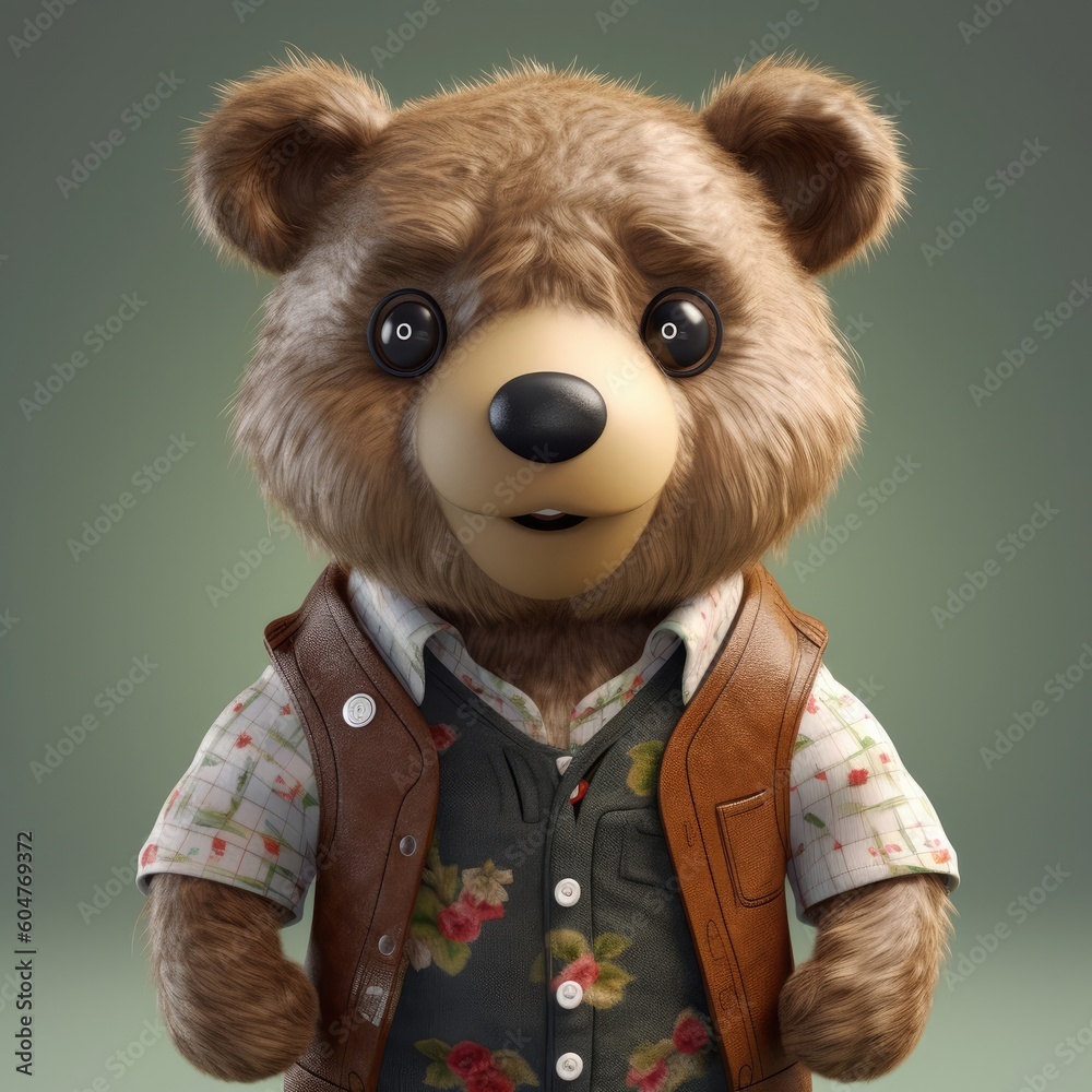 3D cartoon Bear portrait wearing clothes, standing in front, generative ai