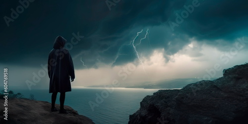 hooded figure standing on a cliff by the sea, with storm clouds and lightning in the background, suggesting a foreboding presence. Generative AI