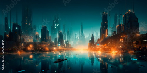 otherworldly city with floating buildings and glowing neon lights Generative AI