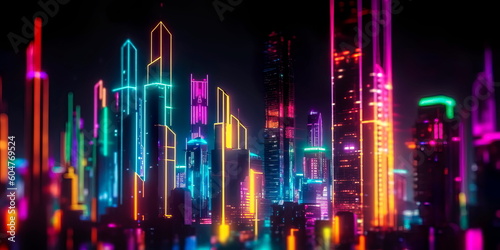 abstract futuristic cityscape with towering skyscrapers and neon lights in the night sky. Generative AI © Лилия Захарчук