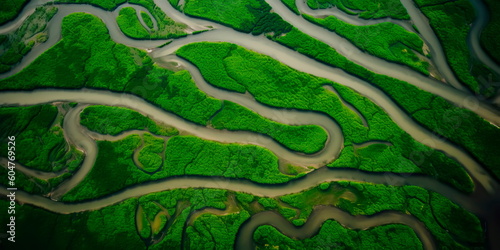 aerial view of a river delta with lush green vegetation and winding waterways Generative AI photo