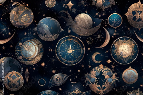 pattern with a celestial theme, featuring stars, moons, and other celestial elements. Generative AI