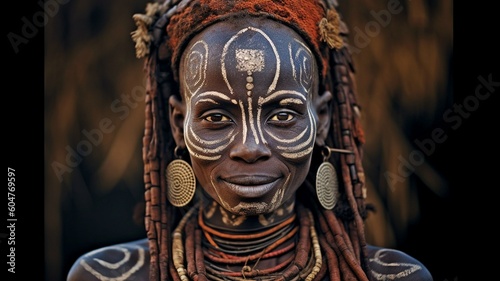 East African native lady grinning Put on some face paint and a headpiece. GENERATE AI © Sawitree88