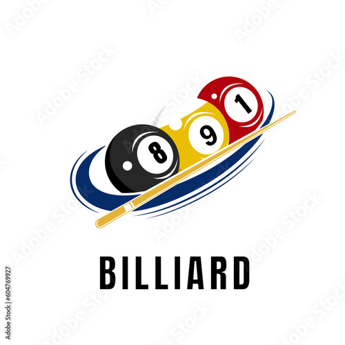 Simple billiards logo template illustration with billiard balls and sticks, design for billiards business.