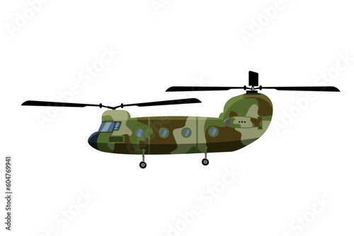 Combat green helicopter army air weapon military flying transportation. side view vector illustration
