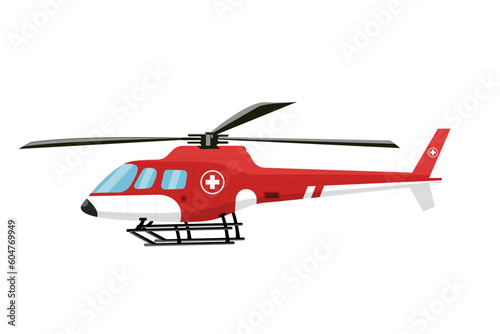 Red helicopter emergency air flying transportation. side view vector illustration