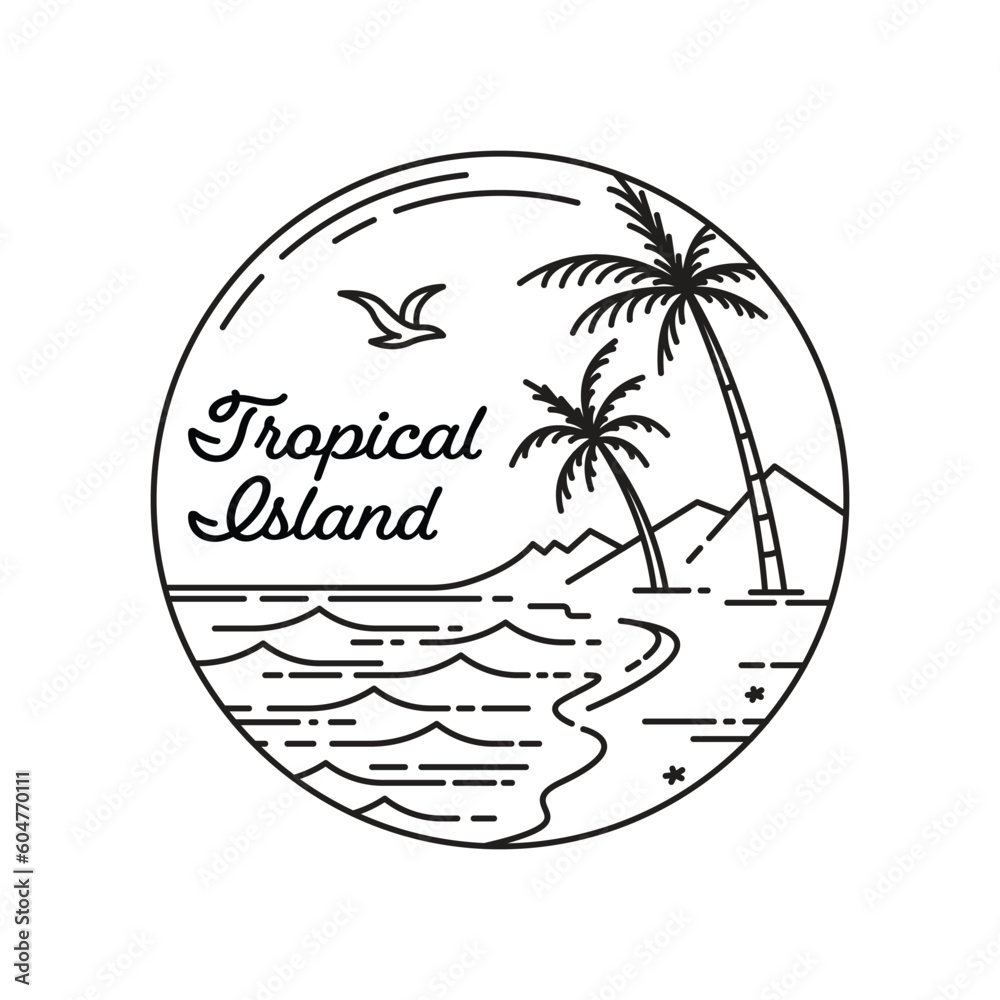 tropical island logo simple line art badge logo template design vector illustration