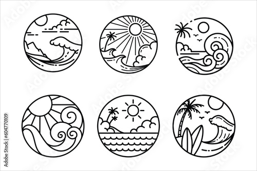 beach logo collection simple monoline style design vector illustration isolated white background