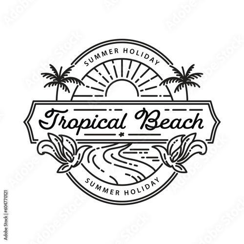 tropical beach and palm tree logo line art vector illustration icon graphic design template.
