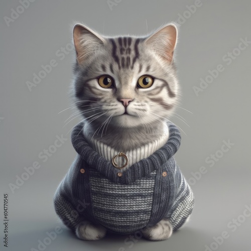 3D cartoon Cat portrait wearing clothes, standing in front, generative ai