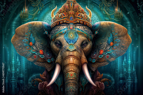 a portrait of a psychedelic elephant wearing hat.AI Generative