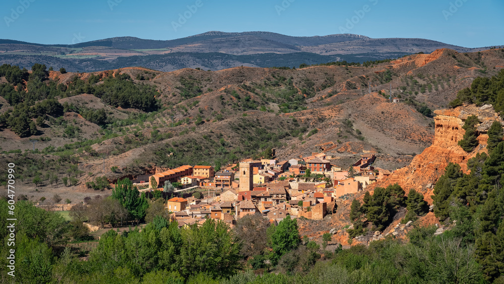 Panoramic view of a beautiful medieval village between mountains, Anento, Zaragoza.