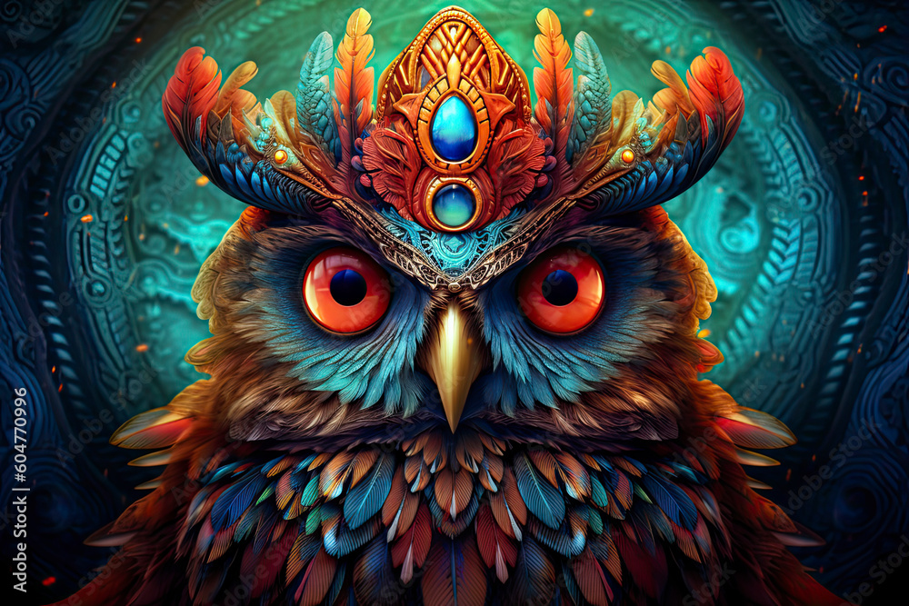 a portrait of a psychedelic owl wearing hat .AI Generative