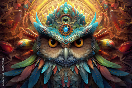 a portrait of a psychedelic owl wearing hat .AI Generative © surassawadee