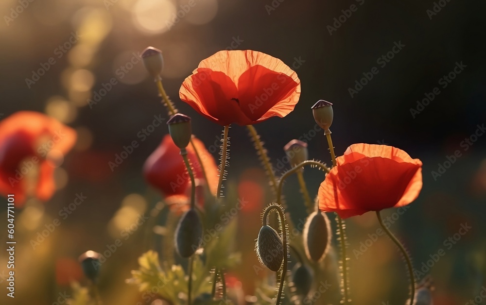 Fototapeta premium Red poppies in the morning sun, bottom view, bokeh background created with Generative AI technology