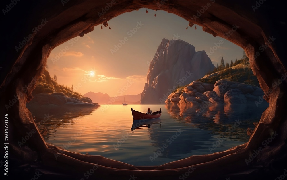 Boat in lake with a man on the sunset in the background view through the cave created with Generative AI technology