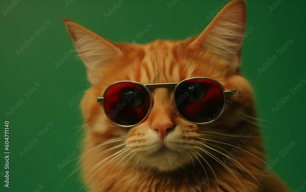 Red cat with sunglasses on and a green background created with Generative AI technology