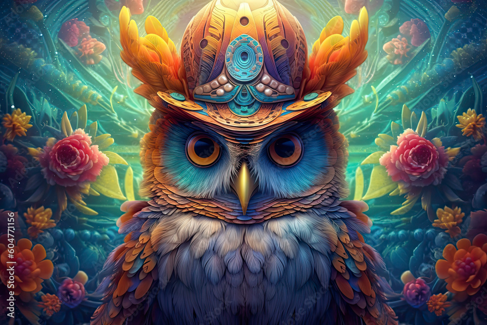 a portrait of a psychedelic owl wearing hat .AI Generative a portrait of a psychedelic owl wearing hat .AI Generative