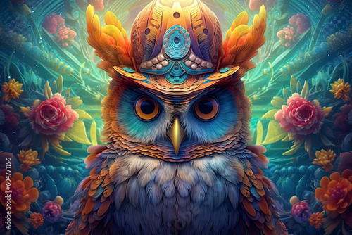 a portrait of a psychedelic owl wearing hat .AI Generative