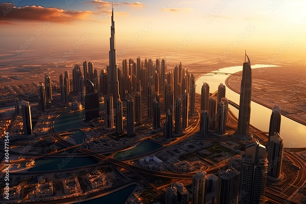 Aerial view of Dubai city in sunset light.AI Generative