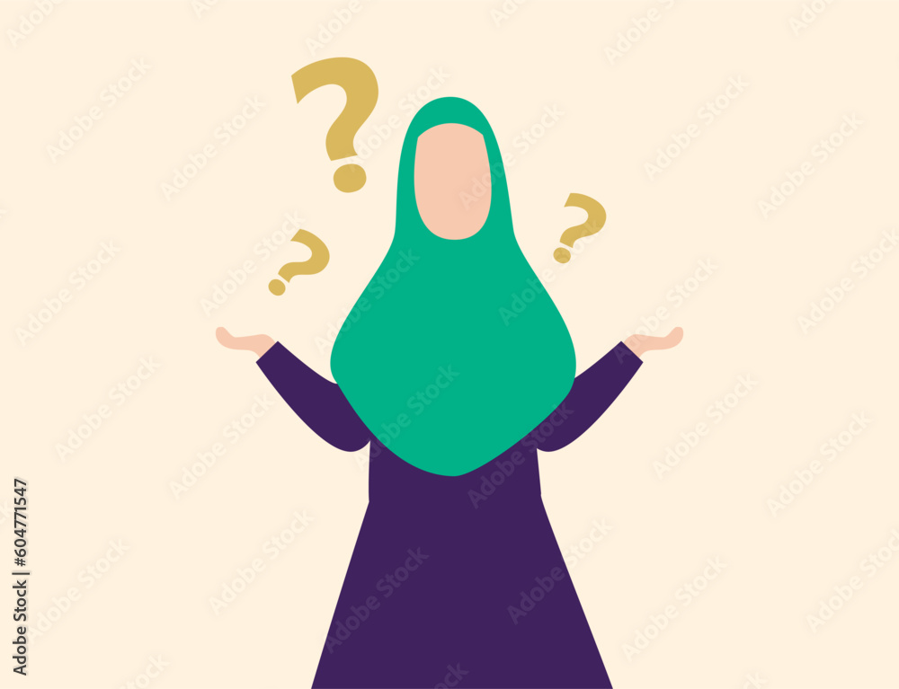 Confused hijab woman thinking of a solution. Doubtful Muslim woman with many question marks around her. Confused hijab woman thinking of a solution. Doubtful Muslim woman with many question marks around her.