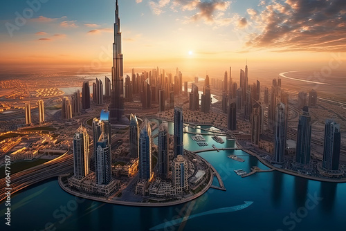 Fototapeta Aerial view of Dubai city in sunset light.AI Generative
