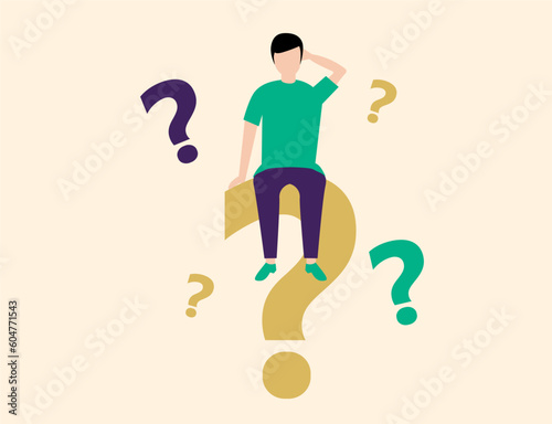 Confused man thinking of a solution. A doubtful person sits on a big question mark.   