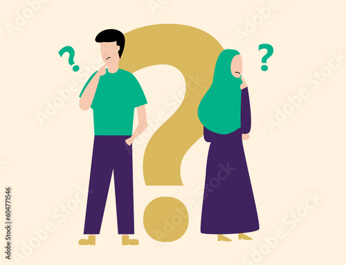 Doubtful woman and man, with a big question mark. Confused and thinking Muslim couple                                                                                                         