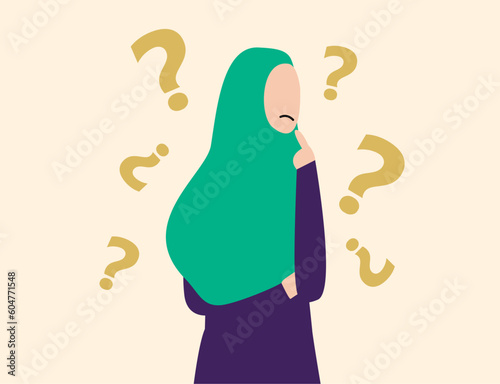 Confused hijab woman thinking of a solution. Doubtful Muslim woman with many question marks around her.   