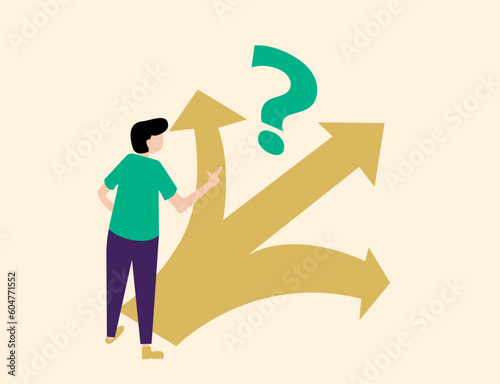 A male chooses the right path. Business decision making, career path, work direction, or leadership to choose the right way to success concept, confusing businessman manager looking at multiple road  
