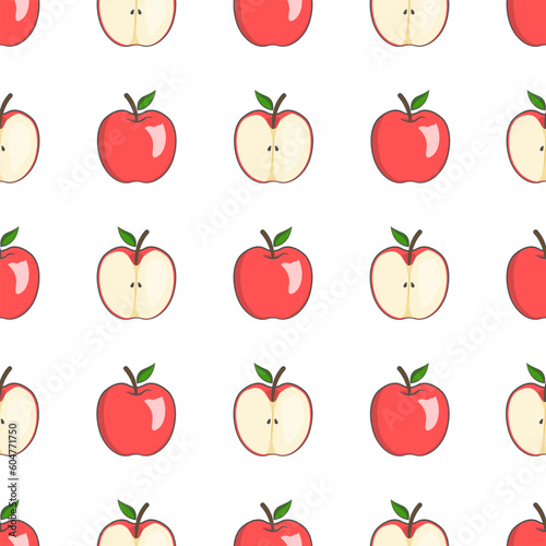 Seamless pattern of whole and sliced apples with a white background is perfect for creative print needs