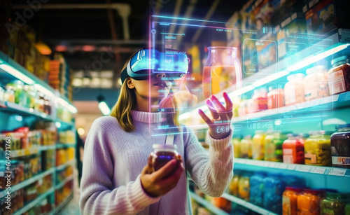 person wearing vr glass,virtual reality headsets and using virtual assistant or panel interface hologram transparent for shopping product.technology development.generative ai technology