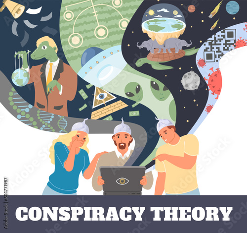 Conspiracy theory poster with people characters spreading fake information