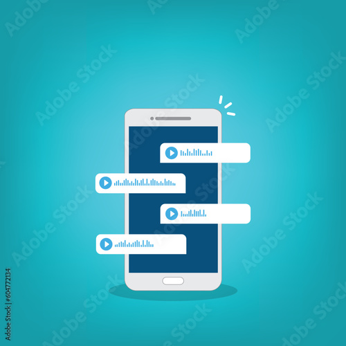 Voice messages on  a smartphone screen. Voice and audio messages.  Communication in messenger. Online chat. Social media chat. Mobile phone with chat app and voice messages bubbles.