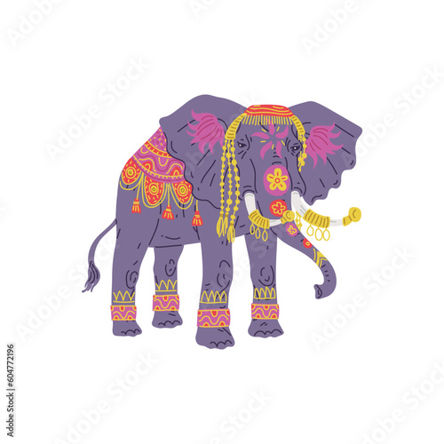 Elephant dressed up for wedding or religious ceremonies, flat vector isolated. © sabelskaya