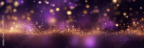 Purple and gold abstract glitter bokeh background. Holiday texture confetti celebration wallpaper. 