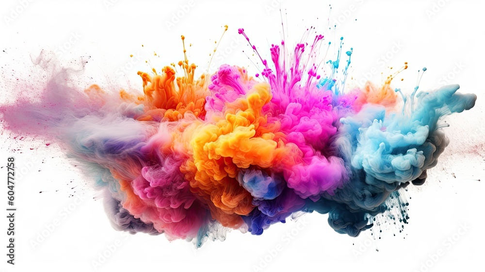 Colorful rainbow cloud explosion on white background. Paint puff of smoke abstract splatter art.