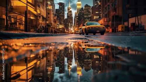City urban skyscraper landscape reflected in a rain puddle. Cityscape with buildings  taxi cabs  and cars.