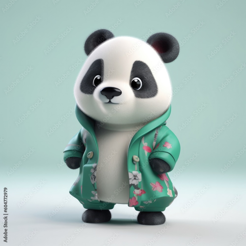 Fototapeta premium 3D cartoon panda portrait wearing clothes, standing in front, generative ai