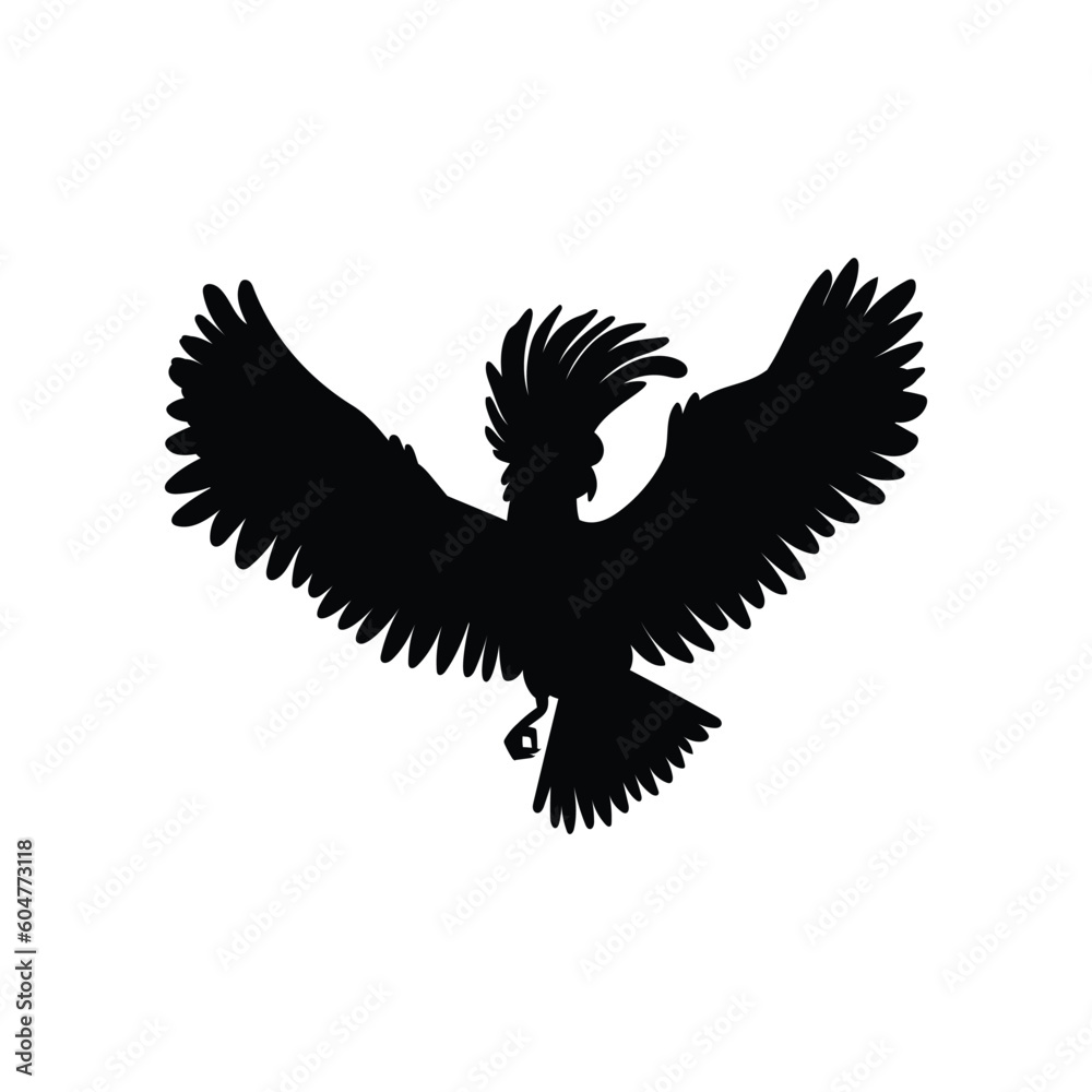 Obraz premium Cockatoo parrot flying with wings spread outline silhouette, vector isolated.