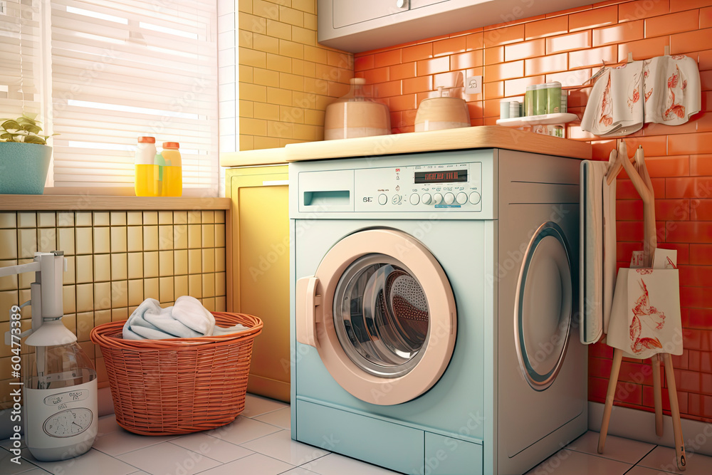 Clothes washing machine in laundry room interior.AI Generative