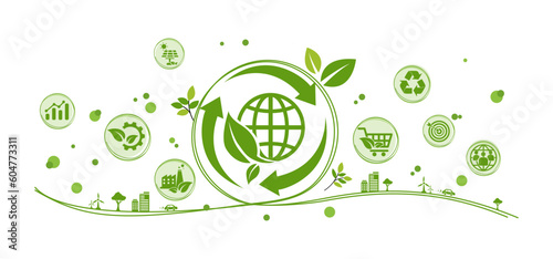 circular economy icons. The concept of eternity, endless and unlimited, circular economy for future growth of business and environment sustainable with inphographic flat design, vector illustrator. photo
