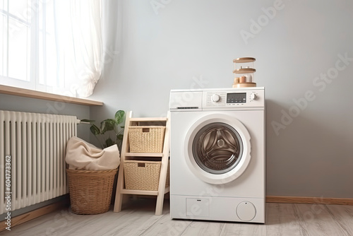 Clothes washing machine in laundry room interior.AI Generative