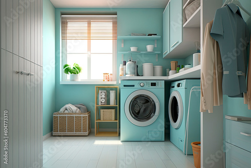 Clothes washing machine in laundry room interior.AI Generative