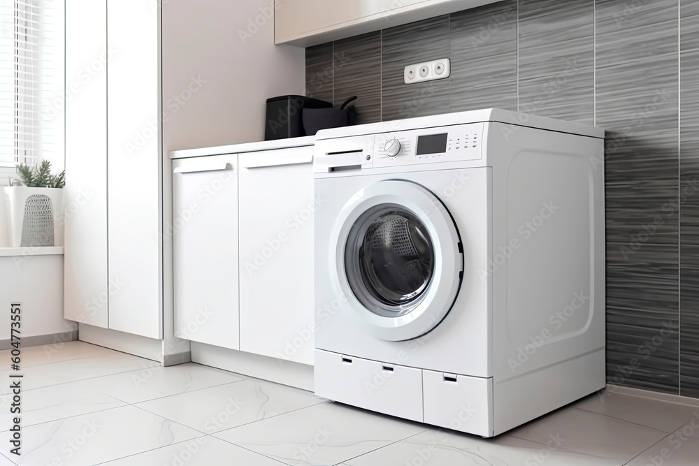Clothes washing machine in laundry room interior.AI Generative Clothes washing machine in laundry room interior.AI Generative