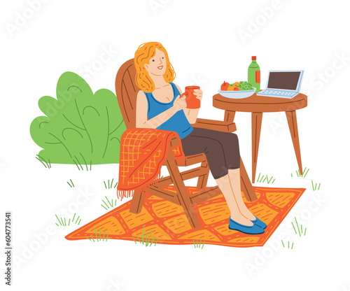 Woman resting and working on laptop in glamping or camping flat vector isolated.